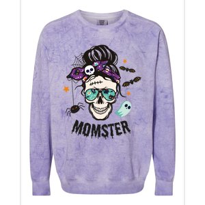 Momster Halloween Skull Mom Messy Hair Bun Mother Momster Gift Colorblast Crewneck Sweatshirt