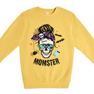 Momster Halloween Skull Mom Messy Hair Bun Mother Momster Gift Premium Crewneck Sweatshirt