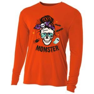 Momster Halloween Skull Mom Messy Hair Bun Mother Momster Gift Cooling Performance Long Sleeve Crew