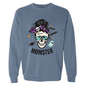 Momster Halloween Skull Mom Messy Hair Bun Mother Momster Gift Garment-Dyed Sweatshirt