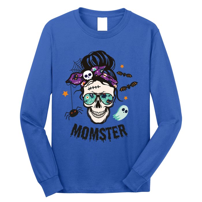 Momster Halloween Skull Mom Messy Hair Bun Mother Momster Gift Long Sleeve Shirt