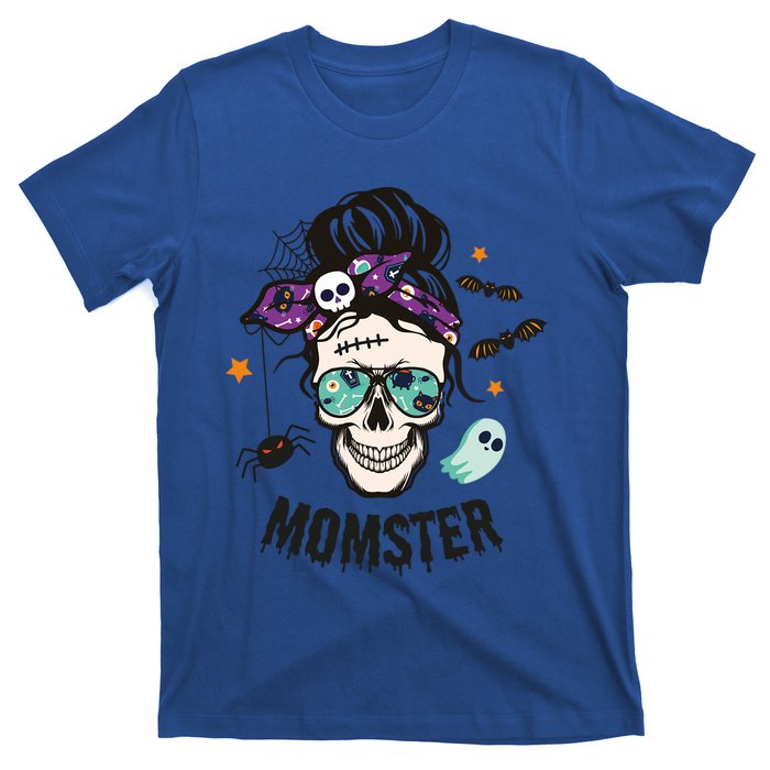 Momster Halloween Skull Mom Messy Hair Bun Mother Momster Gift T-Shirt