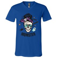 Momster Halloween Skull Mom Messy Hair Bun Mother Momster Gift V-Neck T-Shirt