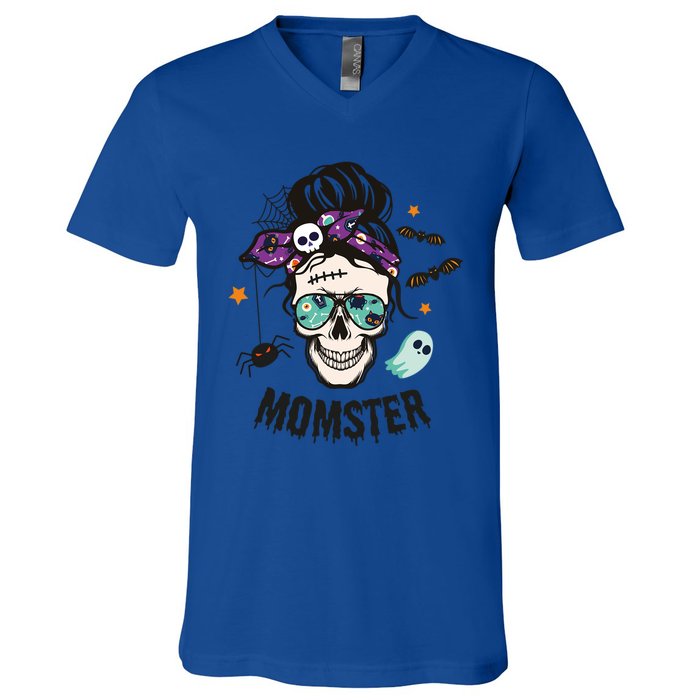 Momster Halloween Skull Mom Messy Hair Bun Mother Momster Gift V-Neck T-Shirt