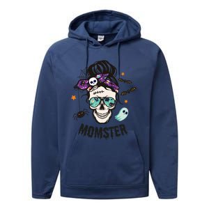 Momster Halloween Skull Mom Messy Hair Bun Mother Momster Gift Performance Fleece Hoodie