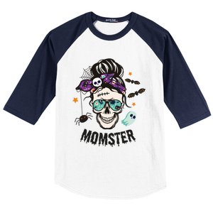 Momster Halloween Skull Mom Messy Hair Bun Mother Momster Gift Baseball Sleeve Shirt