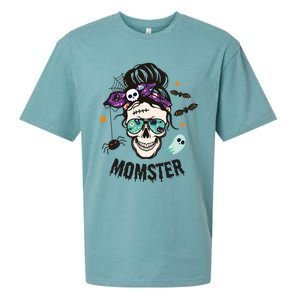 Momster Halloween Skull Mom Messy Hair Bun Mother Momster Gift Sueded Cloud Jersey T-Shirt