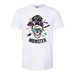 Momster Halloween Skull Mom Messy Hair Bun Mother Momster Gift Softstyle CVC T-Shirt