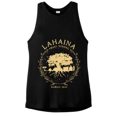 Maui Hawaii Shoreline Supportive Golden Maui Strong Lahaina Banyan Tree Ladies PosiCharge Tri-Blend Wicking Tank