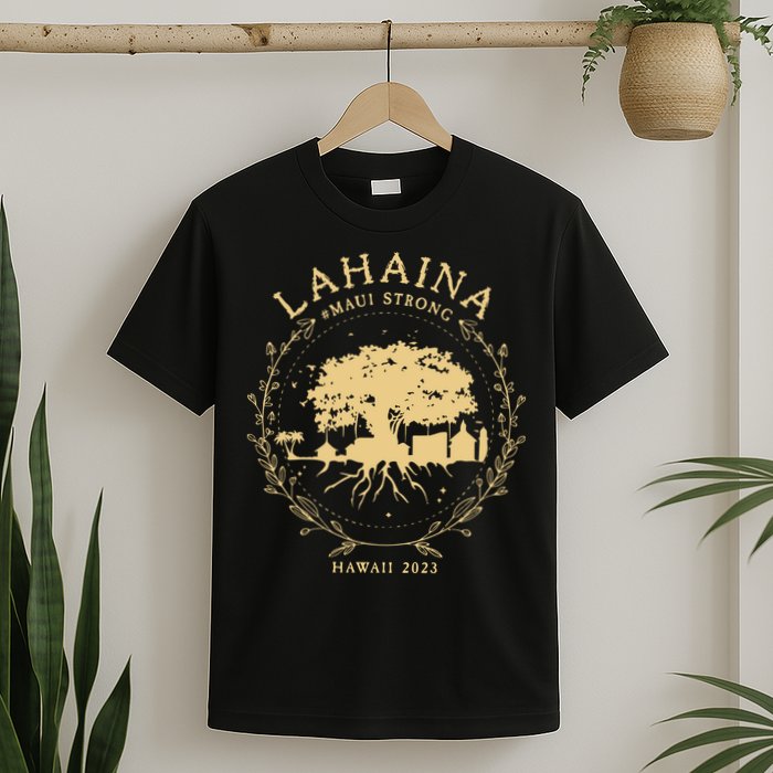Maui Hawaii Shoreline Supportive Golden Maui Strong Lahaina Banyan Tree T-Shirt