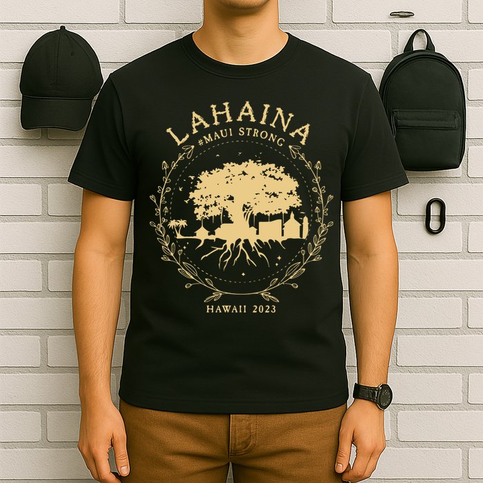 Maui Hawaii Shoreline Supportive Golden Maui Strong Lahaina Banyan Tree T-Shirt