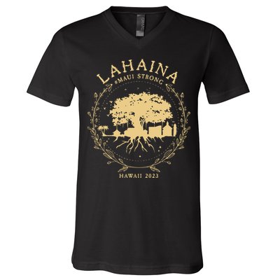 Maui Hawaii Shoreline Supportive Golden Maui Strong Lahaina Banyan Tree V-Neck T-Shirt