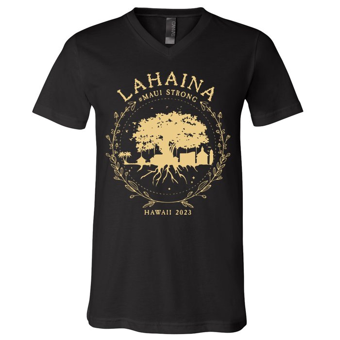 Maui Hawaii Shoreline Supportive Golden Maui Strong Lahaina Banyan Tree V-Neck T-Shirt