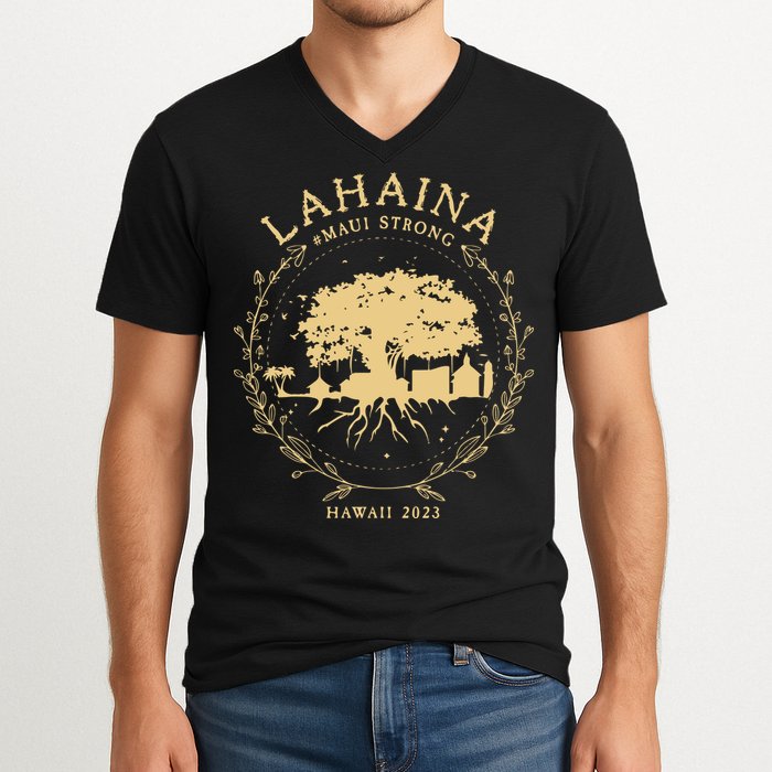 Maui Hawaii Shoreline Supportive Golden Maui Strong Lahaina Banyan Tree V-Neck T-Shirt