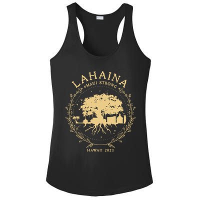 Maui Hawaii Shoreline Supportive Golden Maui Strong Lahaina Banyan Tree Ladies PosiCharge Competitor Racerback Tank
