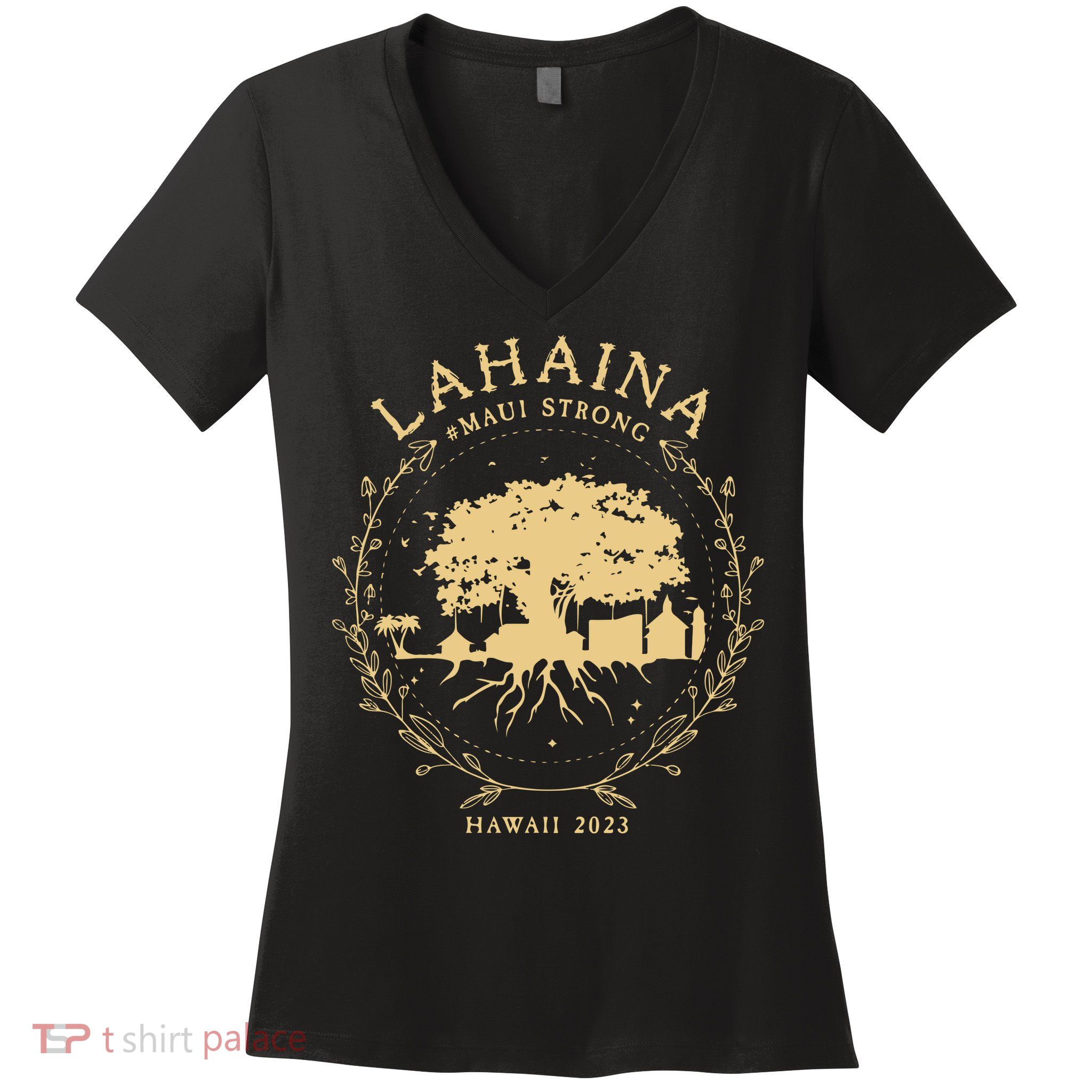 Maui Hawaii Shoreline Supportive Golden Maui Strong Lahaina Banyan Tree Women's V-Neck T-Shirt