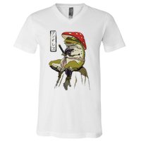 Mushroom Hat Samurai Frog Vintage Japanese Warrior V-Neck T-Shirt