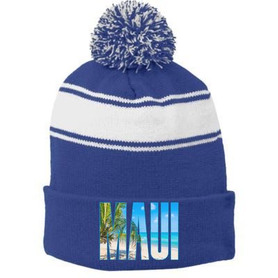 Maui Hawaii Souvenir Merch Family Summer Beach Vacay Cute Gift Stripe Pom Pom Beanie