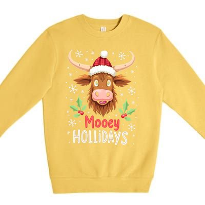 Mooey Holidays Santa Hat Merry Christmas Highland Cow Cute Gift Premium Crewneck Sweatshirt