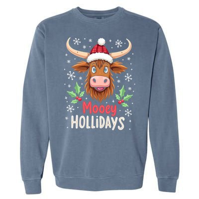 Mooey Holidays Santa Hat Merry Christmas Highland Cow Cute Gift Garment-Dyed Sweatshirt