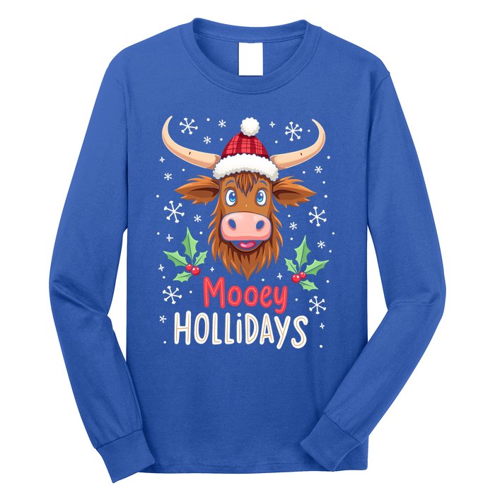 Mooey Holidays Santa Hat Merry Christmas Highland Cow Cute Gift Long Sleeve Shirt