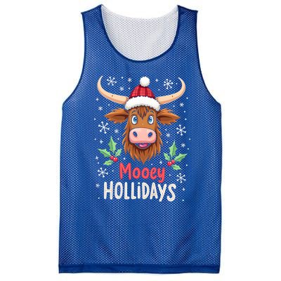 Mooey Holidays Santa Hat Merry Christmas Highland Cow Cute Gift Mesh Reversible Basketball Jersey Tank