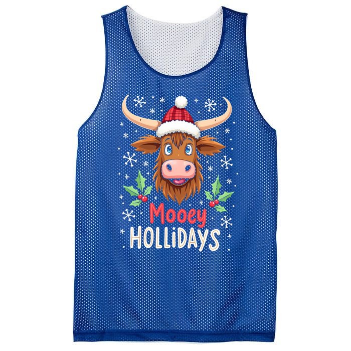 Mooey Holidays Santa Hat Merry Christmas Highland Cow Cute Gift Mesh Reversible Basketball Jersey Tank