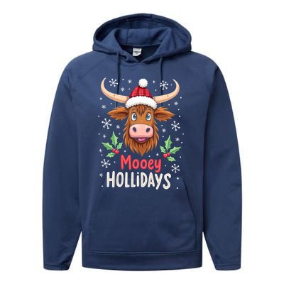 Mooey Holidays Santa Hat Merry Christmas Highland Cow Cute Gift Performance Fleece Hoodie