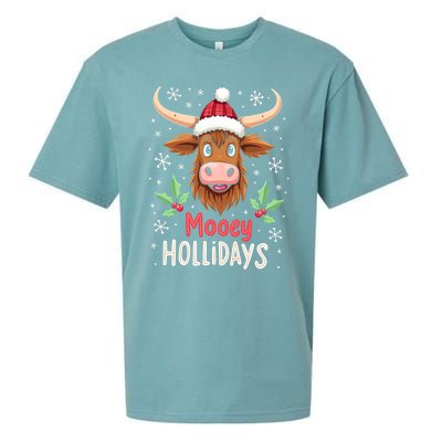 Mooey Holidays Santa Hat Merry Christmas Highland Cow Cute Gift Sueded Cloud Jersey T-Shirt