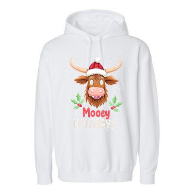 Mooey Holidays Santa Hat Merry Christmas Highland Cow Cute Gift Garment-Dyed Fleece Hoodie