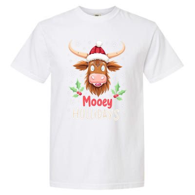 Mooey Holidays Santa Hat Merry Christmas Highland Cow Cute Gift Garment-Dyed Heavyweight T-Shirt