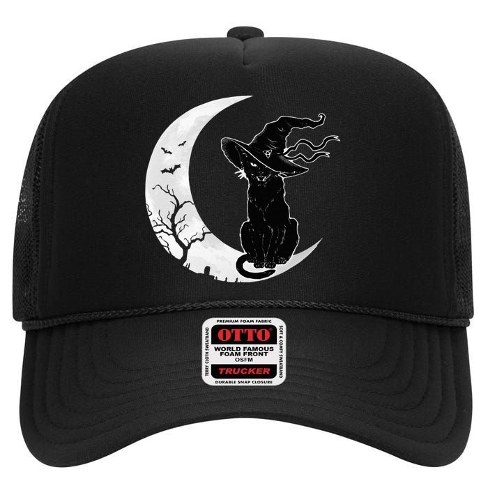 Moon Halloween Scary Black Cat Costume Witch Hat High Crown Mesh Back Trucker Hat