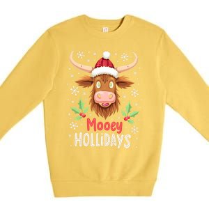 Mooey Holidays Santa Hat Merry Christmas Highland Cow Gift Premium Crewneck Sweatshirt