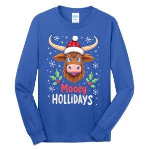 Mooey Holidays Santa Hat Merry Christmas Highland Cow Gift Tall Long Sleeve T-Shirt