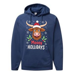 Mooey Holidays Santa Hat Merry Christmas Highland Cow Gift Performance Fleece Hoodie