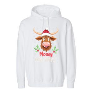 Mooey Holidays Santa Hat Merry Christmas Highland Cow Gift Garment-Dyed Fleece Hoodie