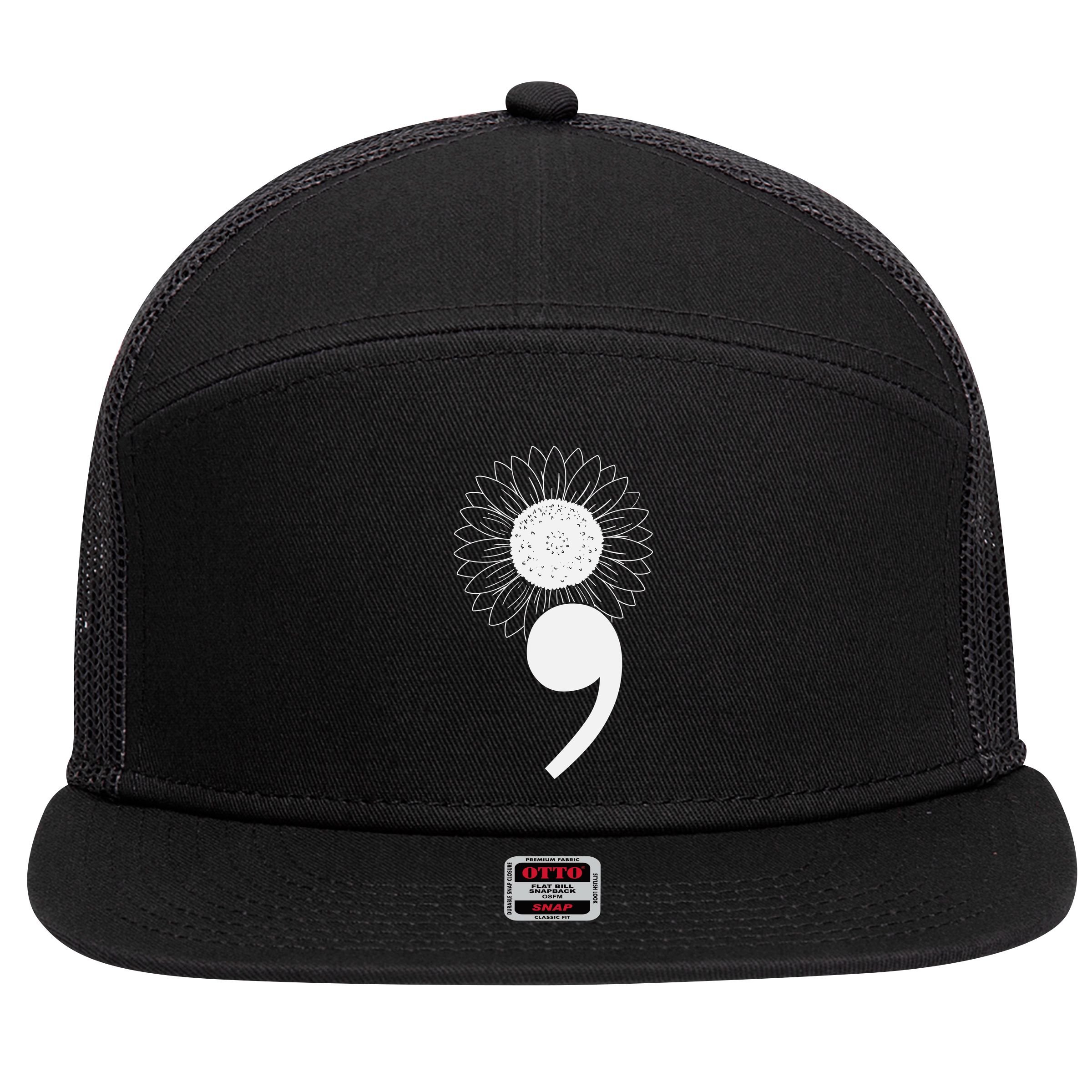 Mental Health Sunflower Semicolon 7 Panel Mesh Trucker Snapback Hat