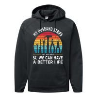 My Husband Strips Wires Lineman And Funny Electrician Performance Fleece Hoodie