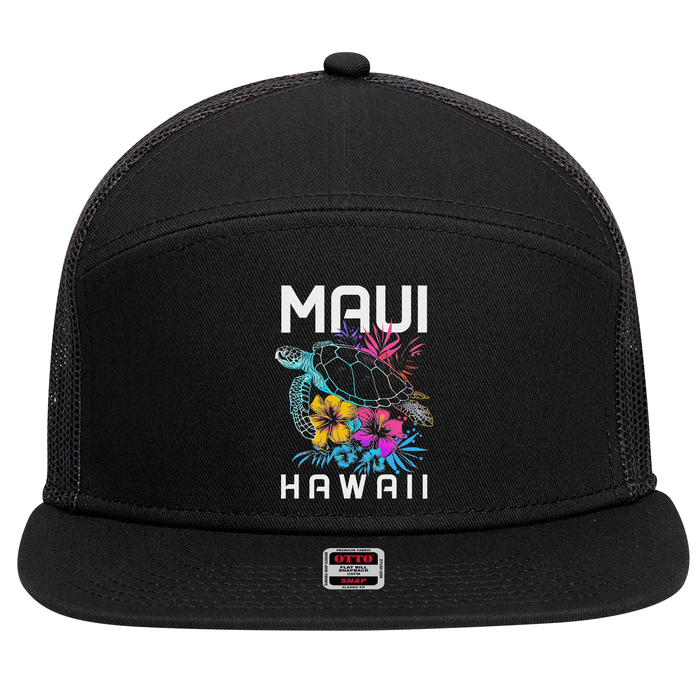 Maui Hawaii Sea Turtle Diving Flower Hawaii Souvenir 7 Panel Mesh Trucker Snapback Hat