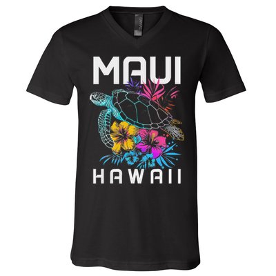 Maui Hawaii Sea Turtle Diving Flower Hawaii Souvenir V-Neck T-Shirt