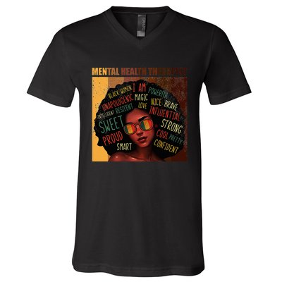 Mental Health Therapist Afro Women Black History Month V-Neck T-Shirt