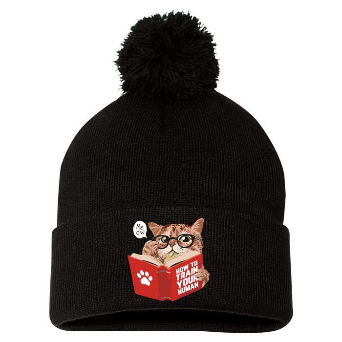 Meow How To Train Your Human Funny Cat Pom Pom 12in Knit Beanie