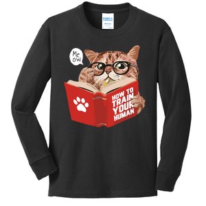 Meow How To Train Your Human Funny Cat Kids Long Sleeve Shirt