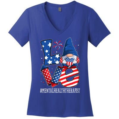 Mental Health Therapist Love 4th Of July Gnome Usa Patriotic Gift Women's V-Neck T-Shirt