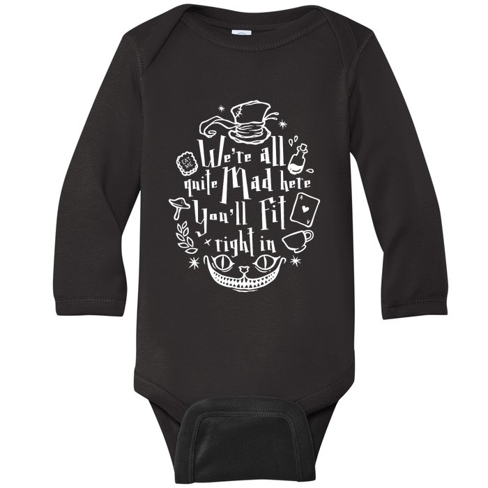 Mad Hatter We're All Quite Mad Here You'll Fit Right In Witches Comfy Halloween Baby Long Sleeve Bodysuit