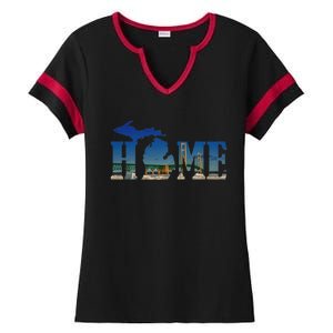 Michigan Home With The Mackinac Bridge Ladies Halftime Notch Neck Tee