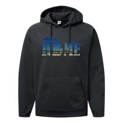 Michigan Home With The Mackinac Bridge Performance Fleece Hoodie