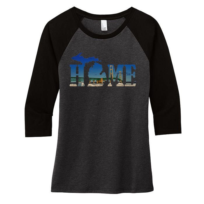 Michigan Home With The Mackinac Bridge Women's Tri-Blend 3/4-Sleeve Raglan Shirt