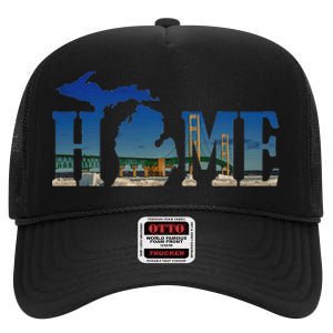 Michigan Home With The Mackinac Bridge High Crown Mesh Back Trucker Hat