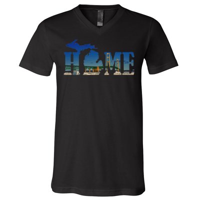 Michigan Home With The Mackinac Bridge V-Neck T-Shirt